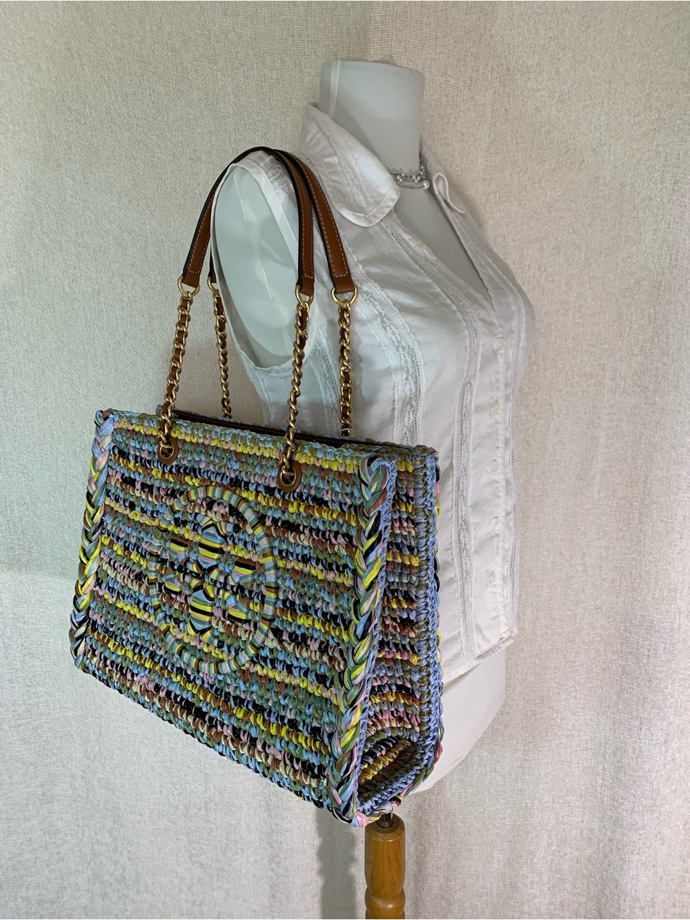 Tory Burch Ella Raffia Melange Multicolor Small Chain Tote - Picture 9 of 16